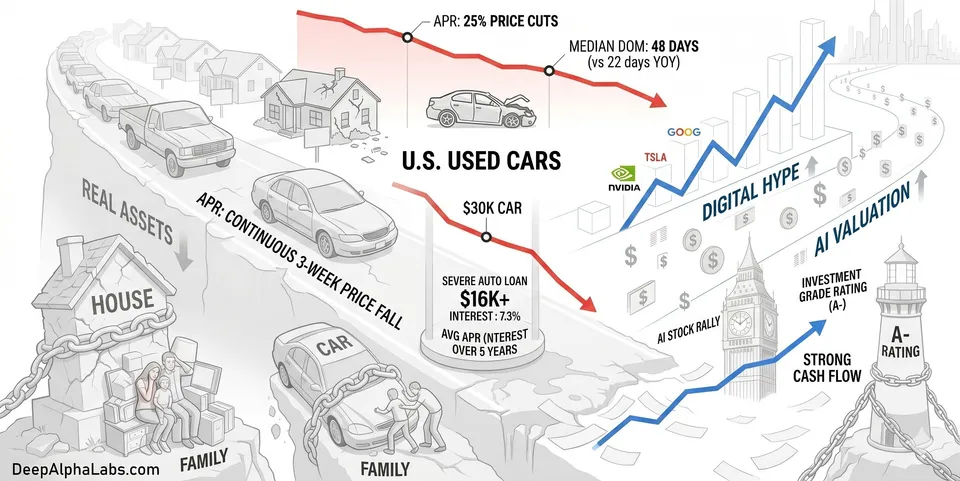 While U.S. existing homes and used cars are seeing price cuts, AI-related stocks are surging to new highs—a divergence that signals escalating systemic risk.